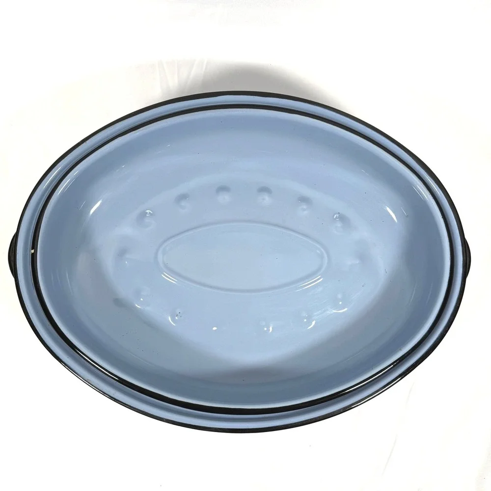Vintage Enamelware Oval Roasting Pan with Lid Blue Farmhouse Large 16.5in Roastr